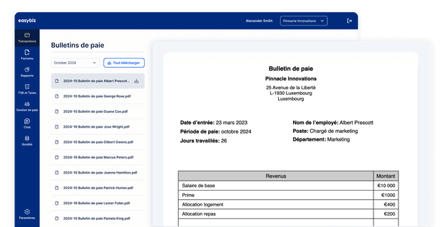 Le tableau de bord des fiches de paie des employés dans EasyBiz
