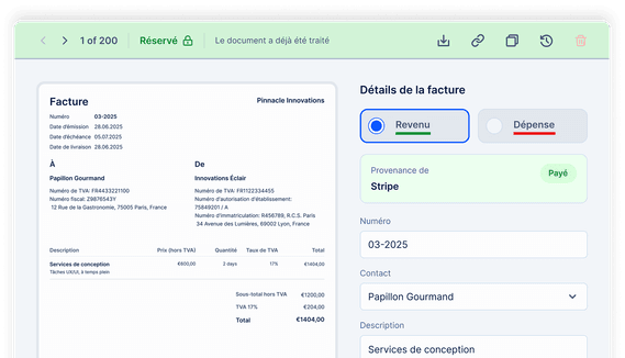 Plateforme EasyBiz : une facture et le détail du document, marquée comme revenu payé