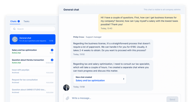 EasyBiz platform: the general chat with the support manager