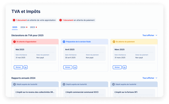 L’écran TVA et Impôts avec les déclarations de TVA et leur statut