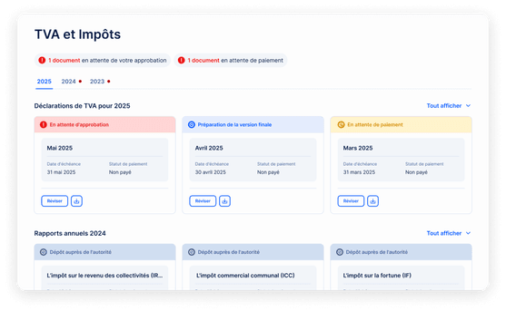 Le tableau de bord fiscal EasyBiz : taxes payées, en retard et à venir