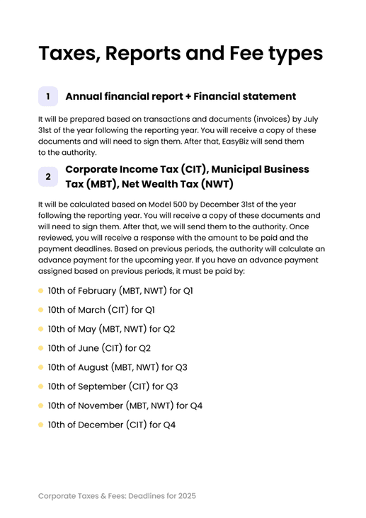 Guide page: taxes, reports and fee types with 2025 payment deadlines