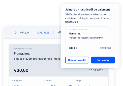 Plateforme EasyBiz : associer un justificatif de paiement suggéré (Figma, Inc., 30,00 €) à une transaction bancaire
