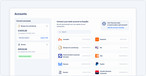 EasyBiz accounts screen for connecting a bank account