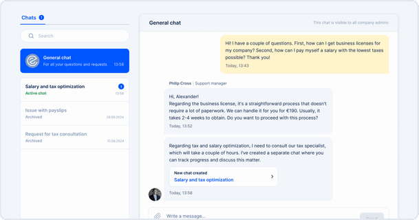 EasyBiz chat with an accountant and a task list