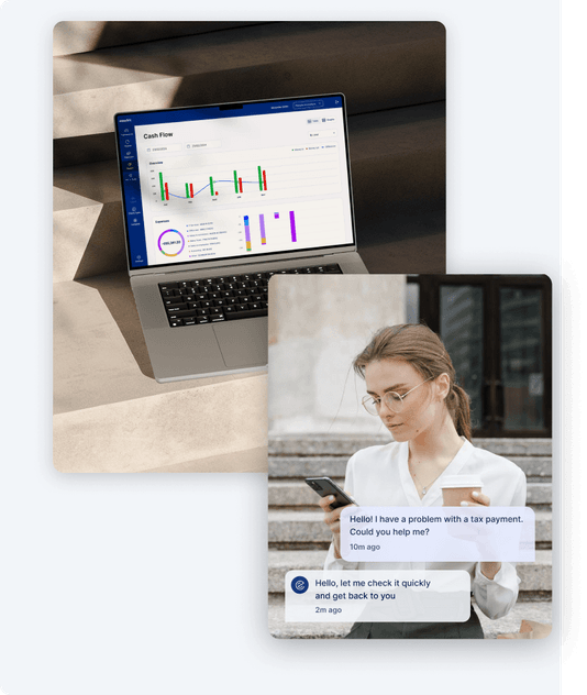 The EasyBiz cash-flow dashboard on a laptop and a live chat with an accountant on a phone