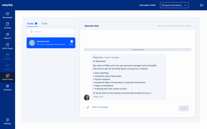Le chat EasyBiz avec l’équipe comptable