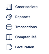 Créer société, Rapports, Transactions, Comptabilité, Facturation