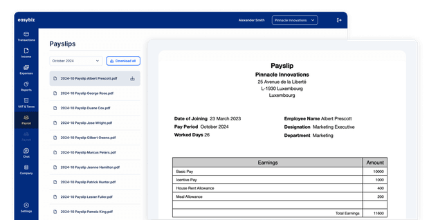 The employee payslips dashboard in EasyBiz