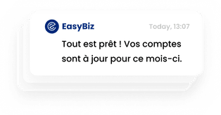 Message EasyBiz dans le chat : « Tout est prêt ! Vos comptes sont à jour pour ce mois-ci. »