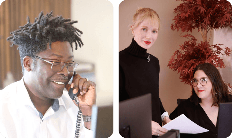 Un conseiller EasyBiz au téléphone et deux membres de l’équipe EasyBiz examinant un document