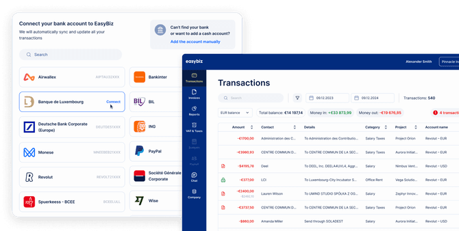 Connexion d’un compte bancaire à EasyBiz et liste des transactions synchronisées