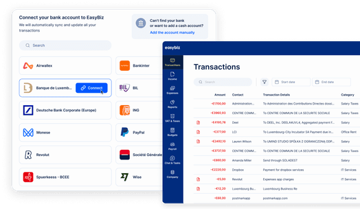 Tableau de bord comptable EasyBiz : trésorerie et compte de résultat