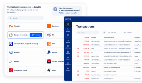 EasyBiz: connect your bank account, and the synced transactions list