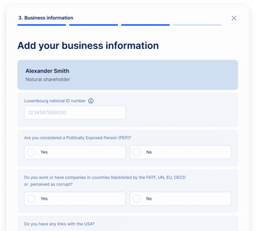 The EasyBiz KYC form: “Add your business information”
