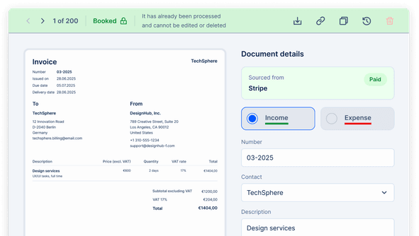 EasyBiz platform: an invoice with its document details, marked as paid income