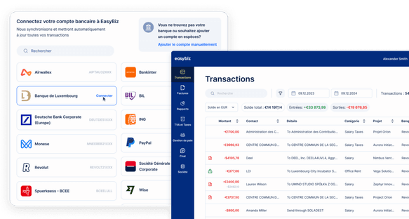 Connexion d’un compte bancaire à EasyBiz et liste des transactions synchronisées
