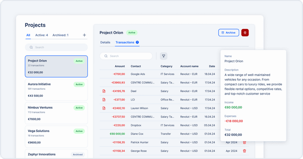 EasyBiz projects list with tasks and timelines