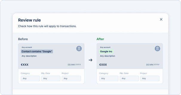 EasyBiz review rule dialog showing a transaction before and after a rule is applied