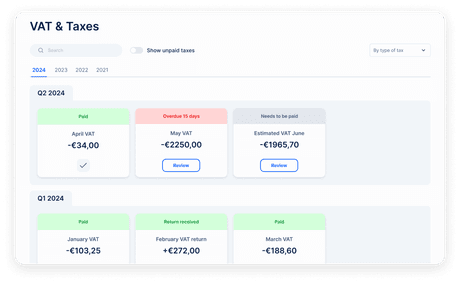 EasyBiz VAT & Taxes: paid, overdue and upcoming VAT returns by quarter