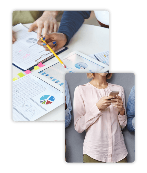 Hands reviewing financial charts; a woman checking her phone